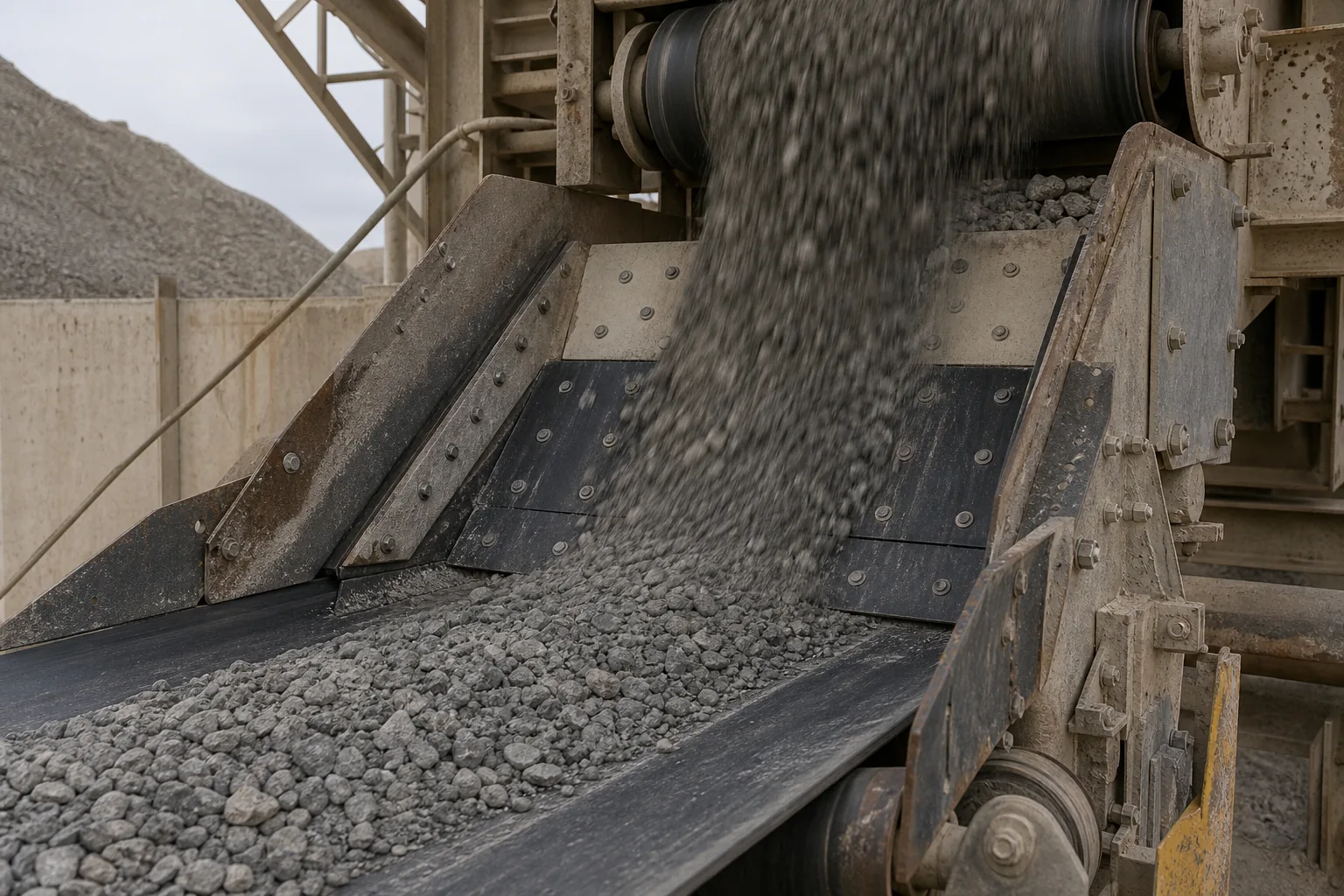 Replaceable liner plates at a crushed-stone conveyor transfer point