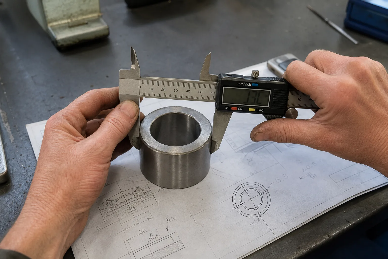 Digital caliper measuring a machined steel bushing