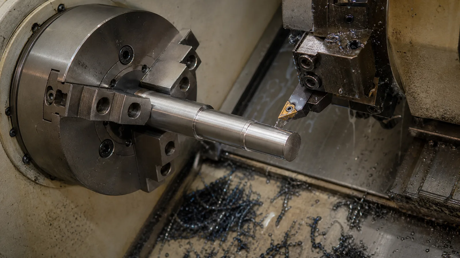 Steel shaft held in a CNC lathe during turning