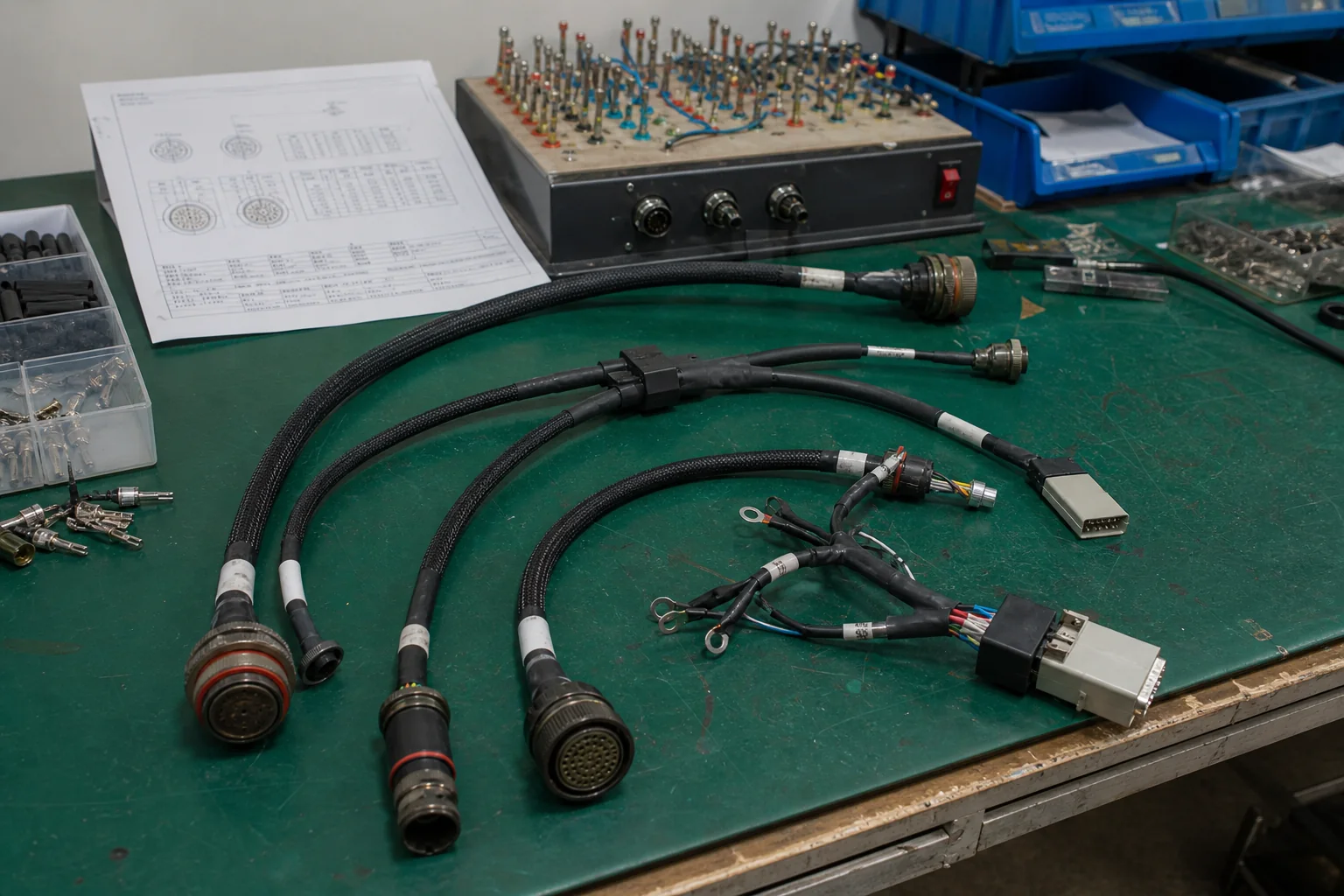 Custom industrial cable assemblies with circular connectors, branches and protective sleeving on a production workbench
