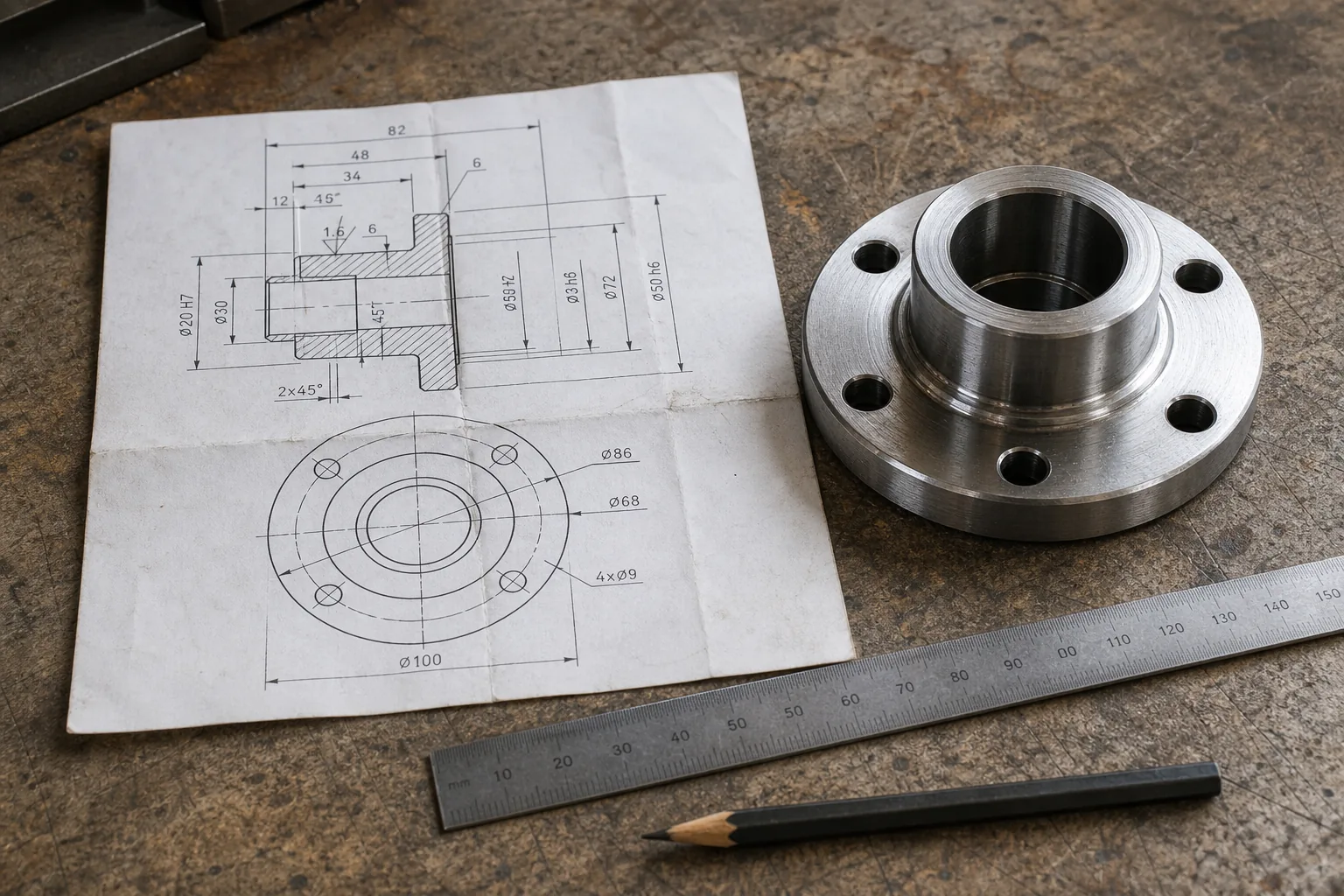 Mechanical drawing beside a matching machined steel flange