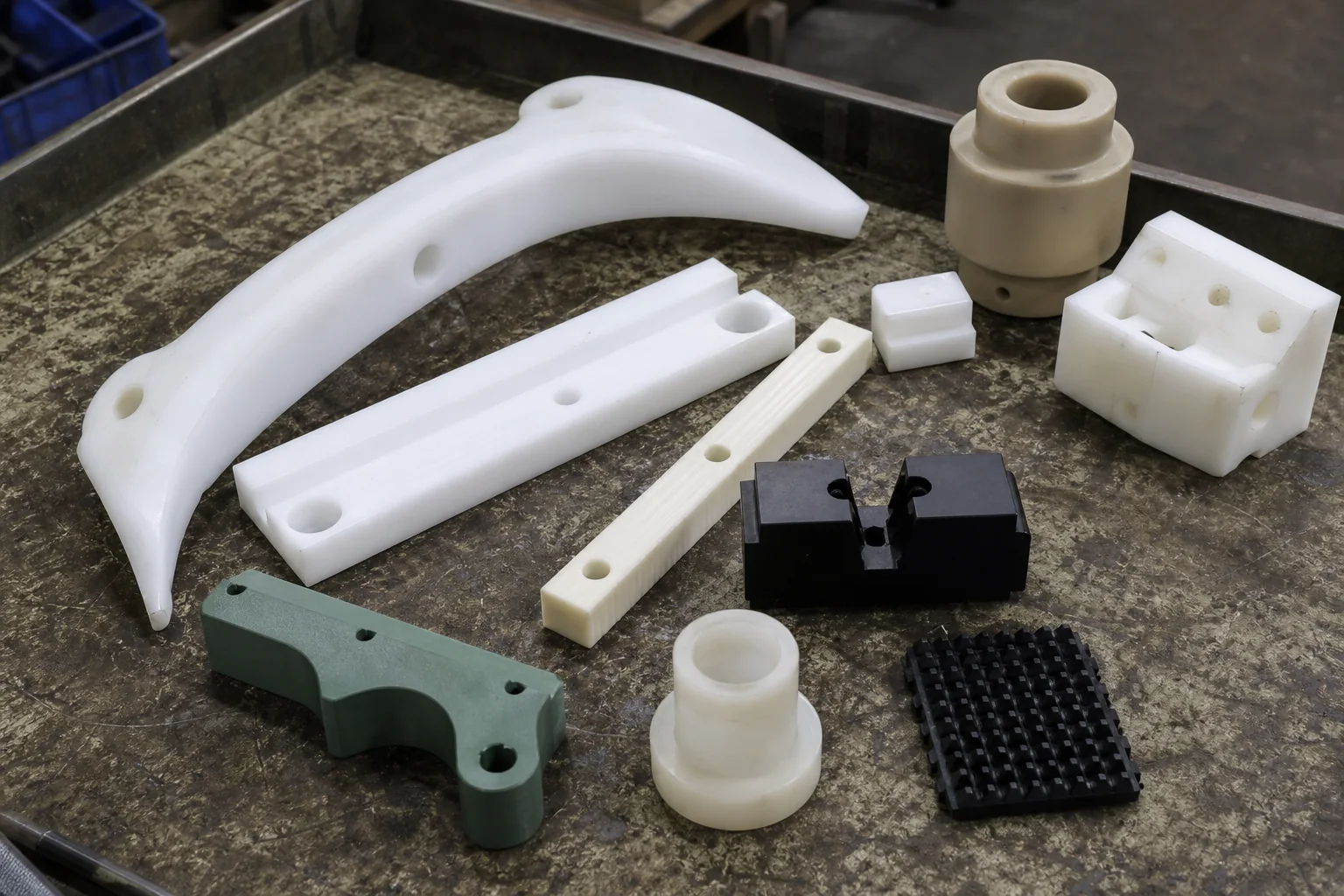 Custom machined POM, Nylon, PTFE, PEEK and polyethylene component forms on an industrial workbench