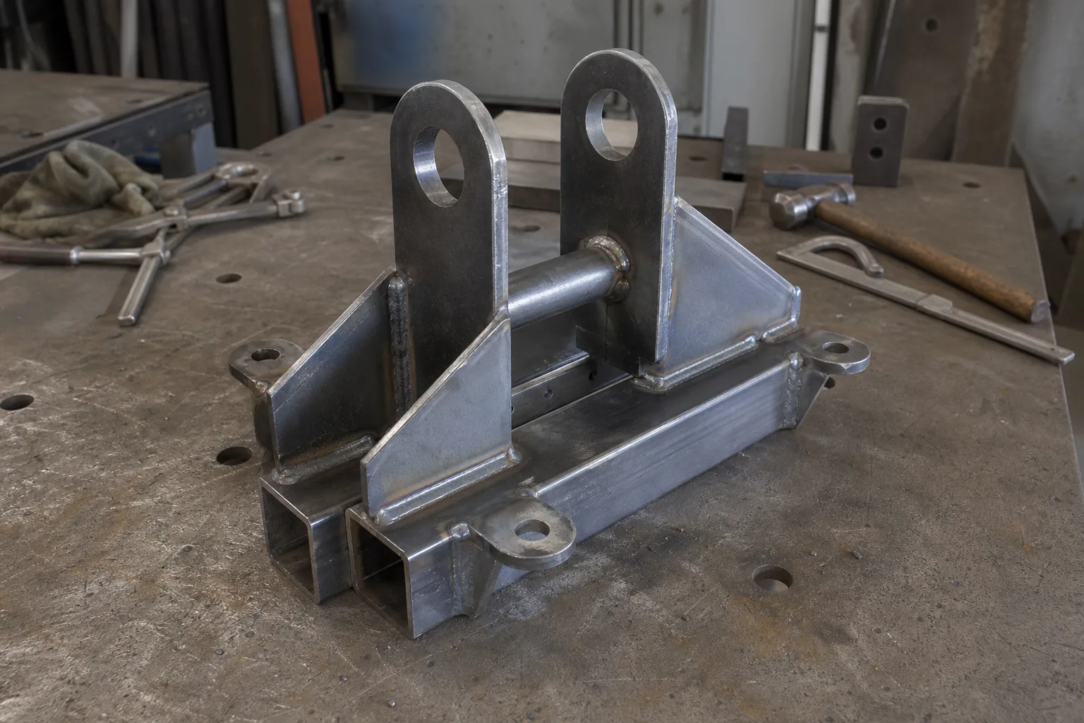 Fabricated steel brackets and welded assemblies on a welding table