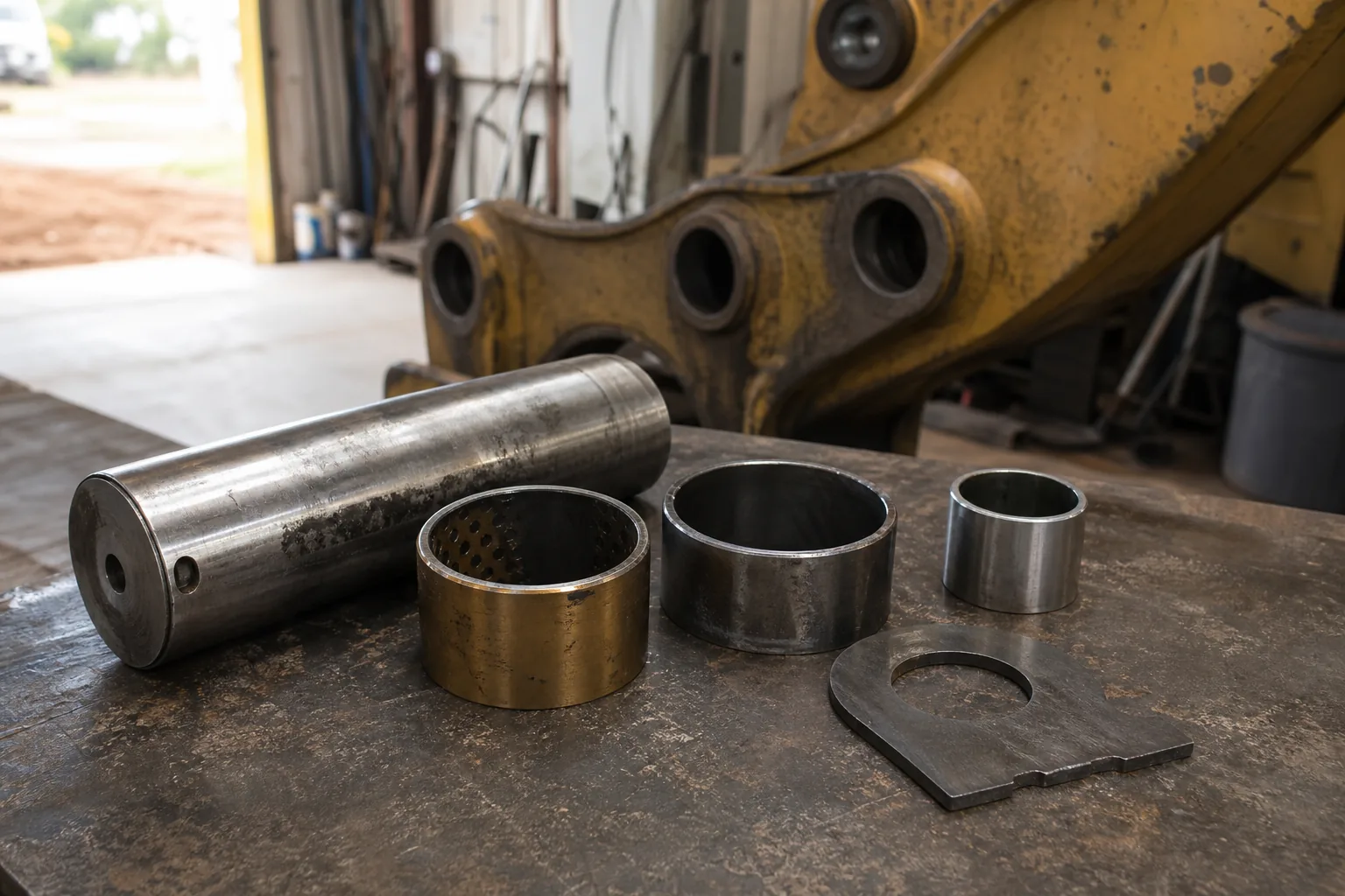 Pivot pin, bushings and retaining plate for heavy equipment maintenance