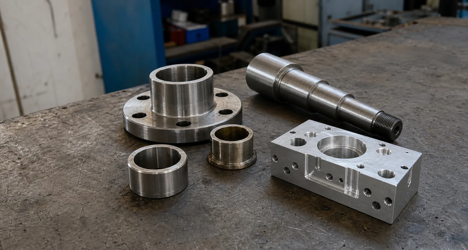 Custom machined steel and aluminum components on a workshop bench