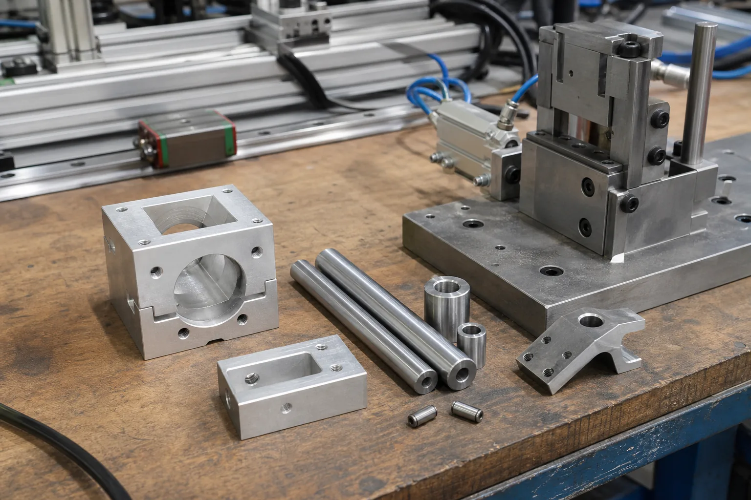 Machined aluminum blocks, guide shafts and fixtures for industrial automation applications
