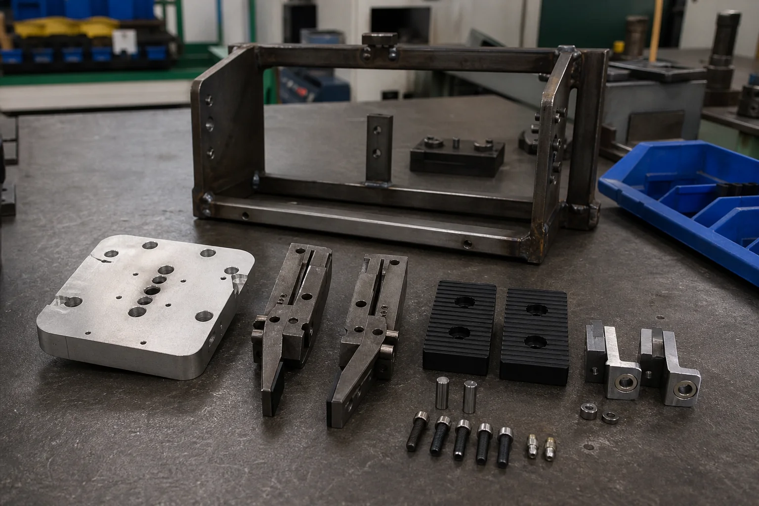 Custom gripper fingers, adapter plate, plastic contact pads and tooling-frame components for robotic end effectors