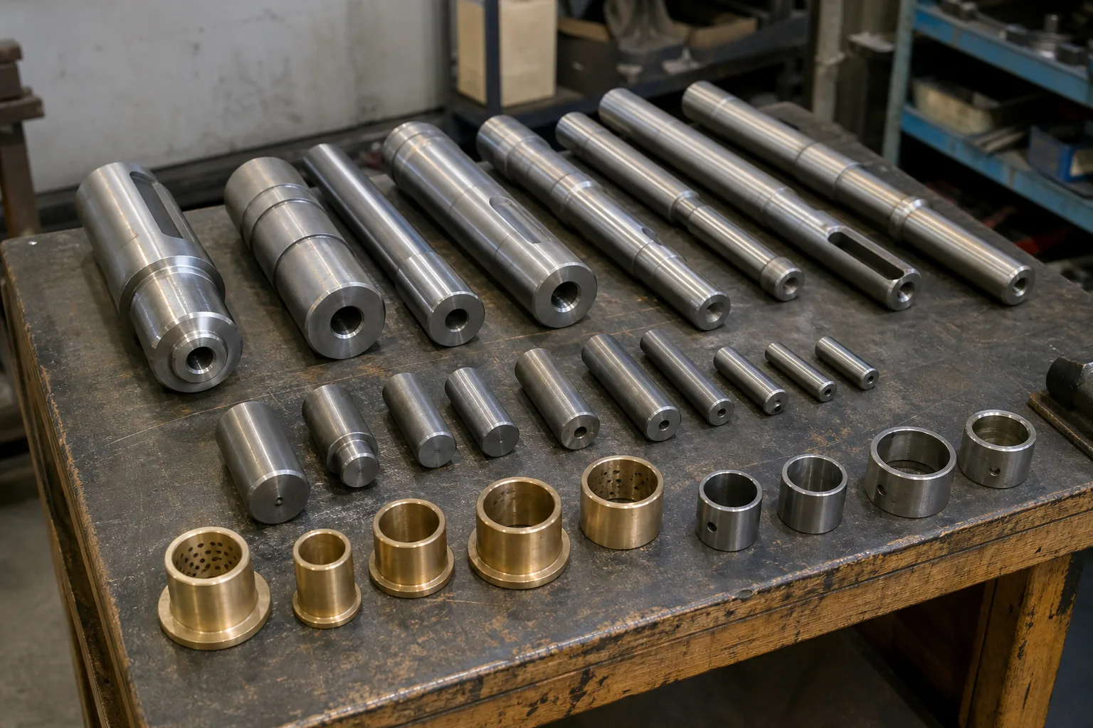 Custom shafts, pins, bronze bushings and steel sleeves arranged on a workbench
